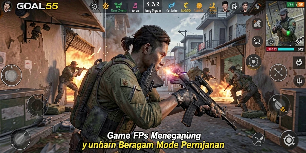 Screenshot gameplay GOAL55 yang menampilkan aksi tembak-menembak seru.