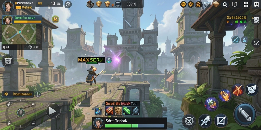 Screenshot gameplay MAXSERU menampilkan pertempuran Tower Defense yang mendebarkan.