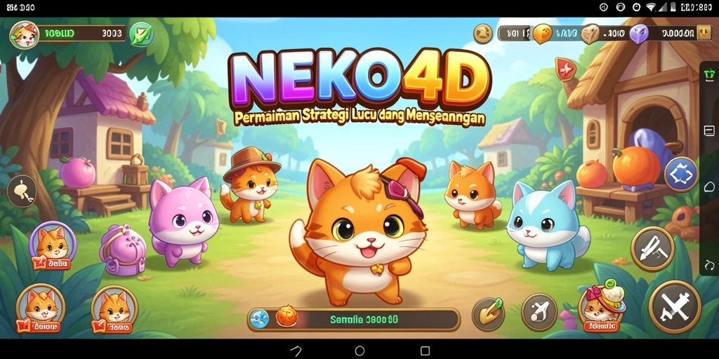 Tampilan gameplay <strong>NEKO4D</strong> memperlihatkan dunia kucing yang lucu dan penuh warna.