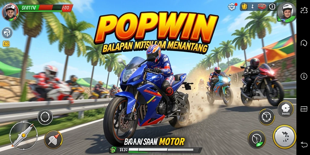 Gameplay seru dari POPWIN dengan balapan motor yang mendebarkan.