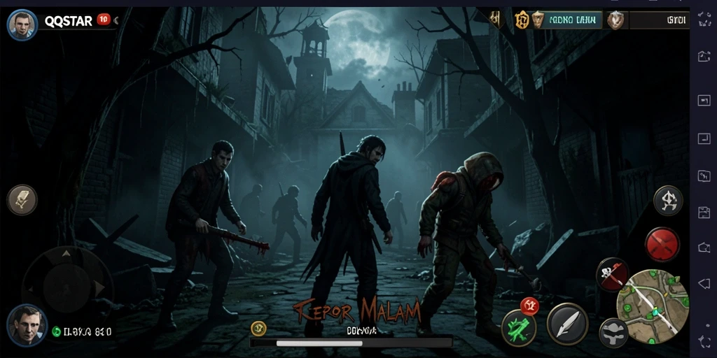 Screenshot gameplay QQSTAR menampilkan suasana mencekam dan karakter menyeramkan.