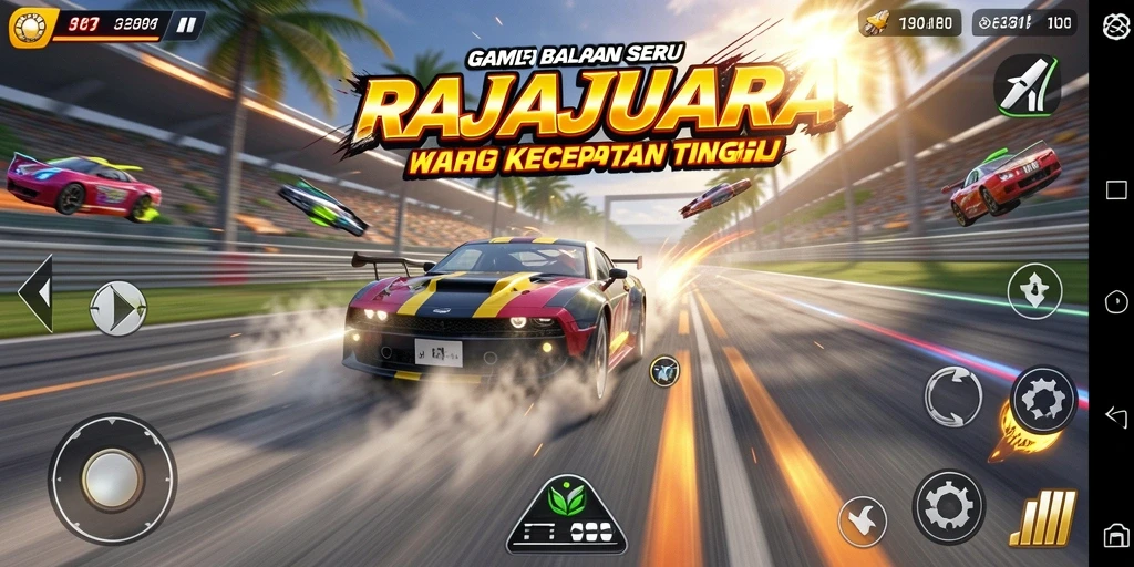 Screenshot gameplay RAJAJUARA menampilkan aksi balapan mendebarkan.