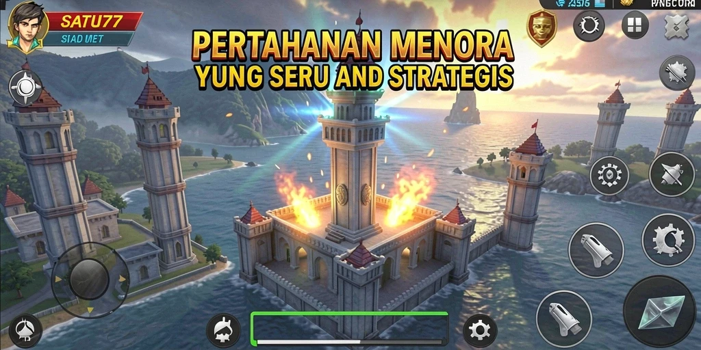 Tangkapan layar SATU77 menampilkan aksi seru Tower Defense dengan menara dan musuh.